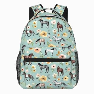 Cartable cheval et fleurs de couleur vert clair avec poche frontal et filets sur chaque côté. Sur fond gris clair.
