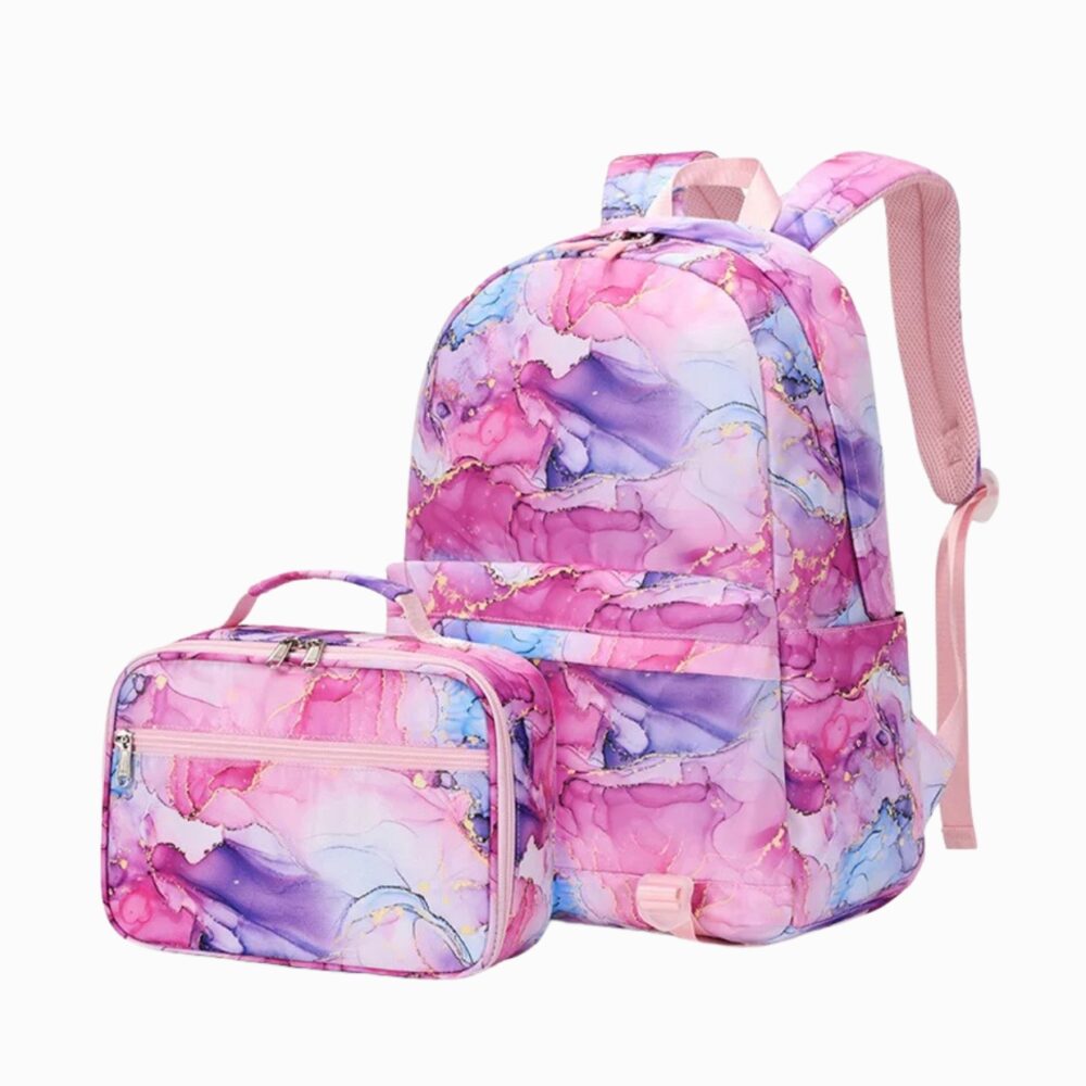 Cartable CM2 pour fille rose effet marbré avec une pochette assortie sur fond blanc