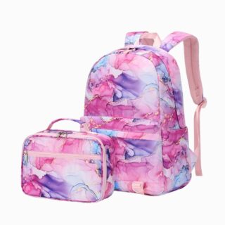 Cartable CM2 pour fille rose effet marbré avec une pochette assortie sur fond blanc