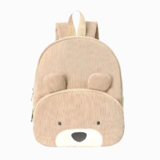 Cartable grande section en velours côtelé beige avec une tête d'ourson sur la poche avant. Sur fond gris clair.