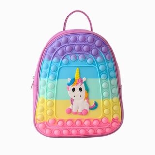 Cartable petite section pop-it de couleur mauve avec la face avant aux couleurs arc-en-ciel et texturé en pop-it avec une licorne au centre.