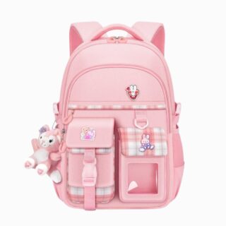 Cartable fille CM2 rose style kawaii sur fond blanc