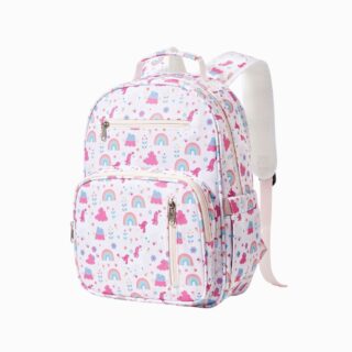 Cartable CE1 pour fille blanc avec un motif arc-en-ciel rose sur fond blanc