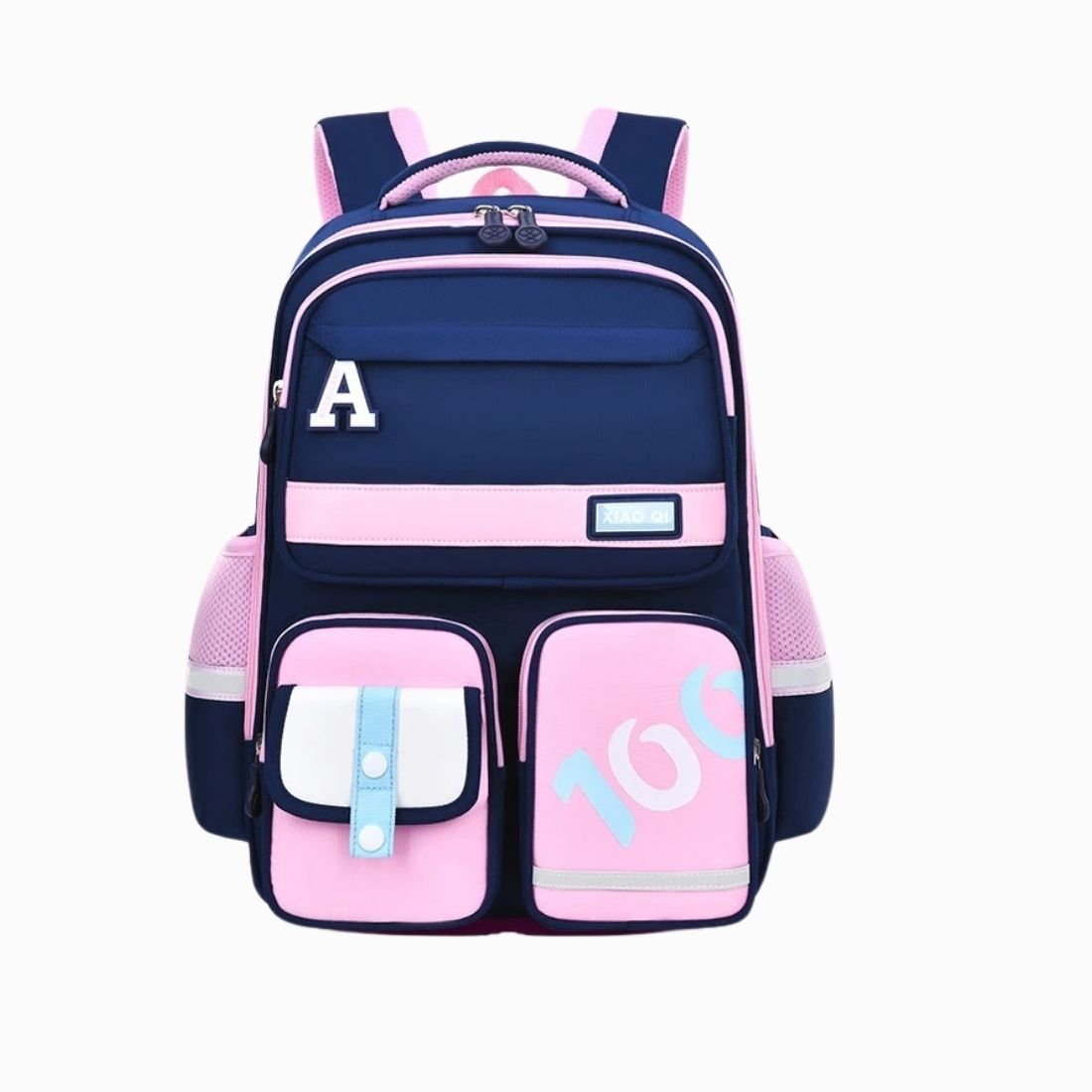 Cartable CE2 pour fille rose et bleu marine style campus chic sur fond blanc