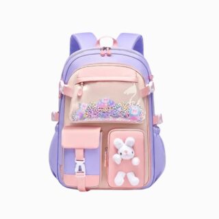Cartable CM1 pour fille style kawaii en rose et violet sur fond blanc