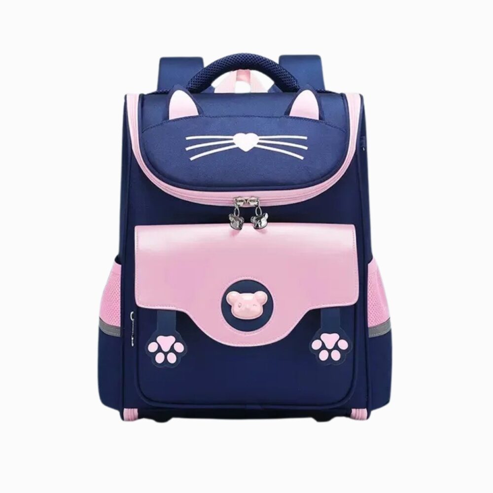 Cartable CM2 pour fille bleu marine et rose design chat sur fond blanc