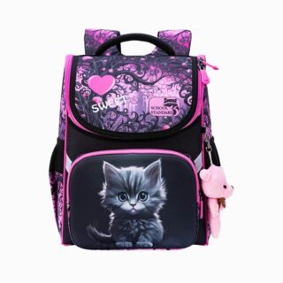 Cartable CM2 pour fille rose et noir imprimé chat