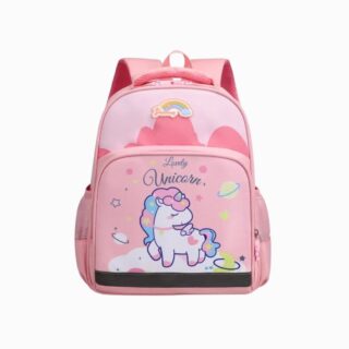 Cartable CP pour fille rose avec un dessin de licorne sur fond blanc