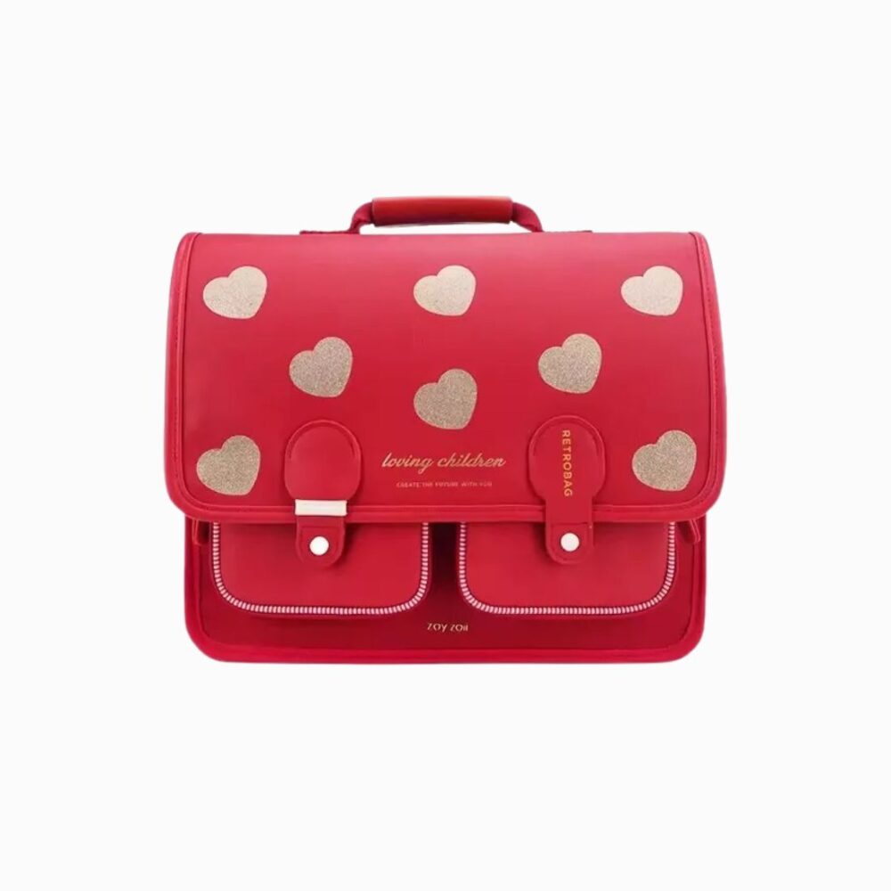 Cartable CP pour fille style vintage rouge avec des coeurs sur fond blanc