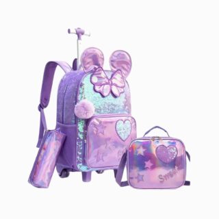 Cartable à roulettes violet à paillettes pour fille sur fond blanc