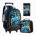Cartable à roulettes pour garçon motif jeux vidéo sur fond blanc
