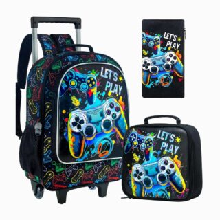 Cartable à roulettes pour garçon motif jeux vidéo sur fond blanc