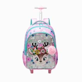 Cartable à roulettes pour fille avec un motif cerf sur fond blanc