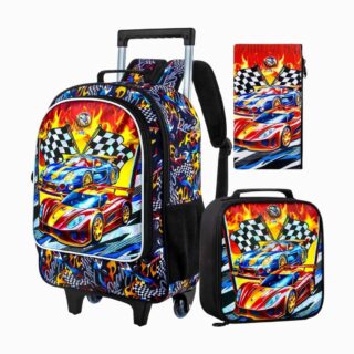 Cartable à roulettes pour garçon imprimé voiture de course avec une pochette et une trousse assorties sur fond blanc