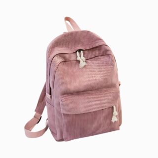 Cartable collège fille style sac à dos en velours côtelé rose sur fond blanc