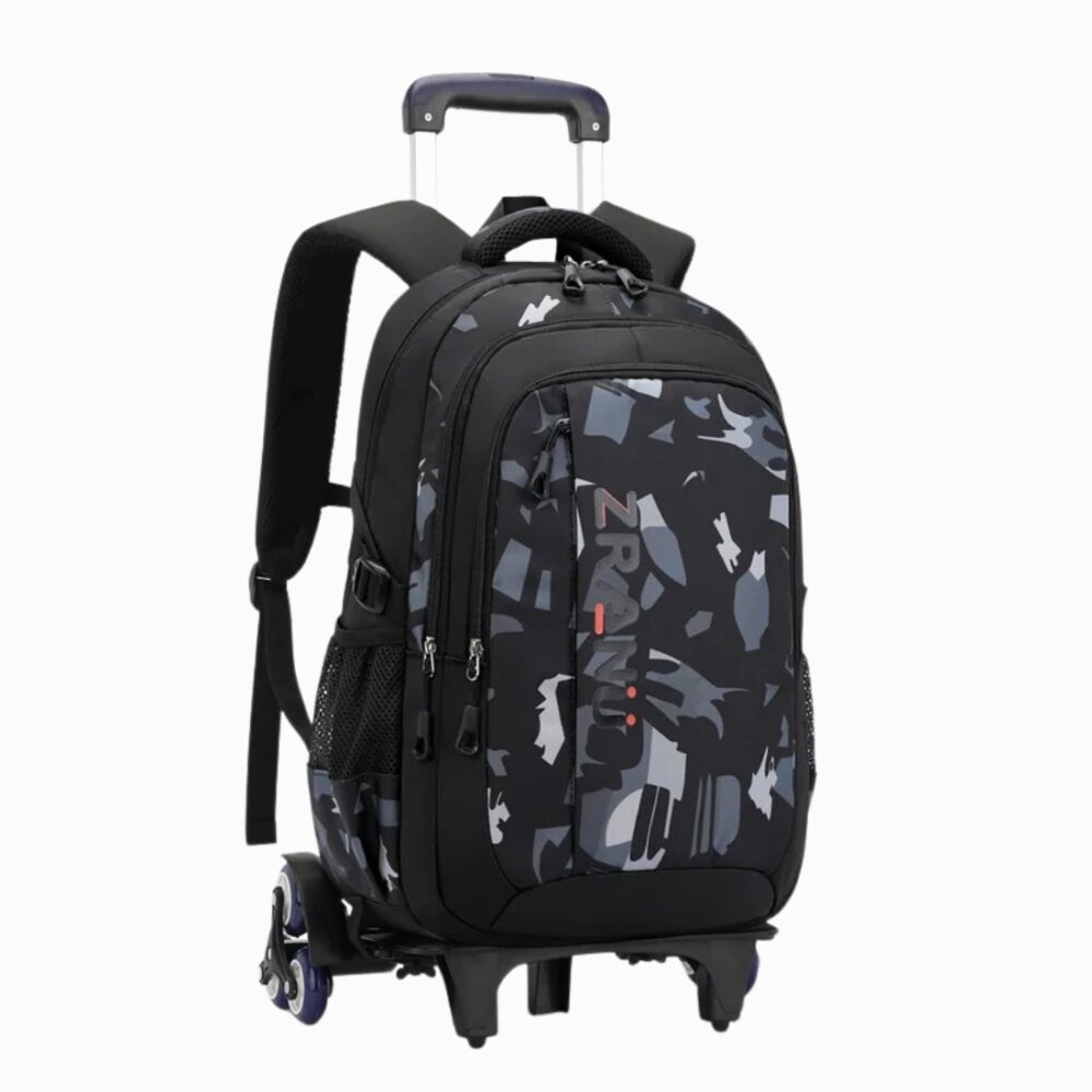 Cartable à roulettes pour garçon style commando noir sur fond blanc