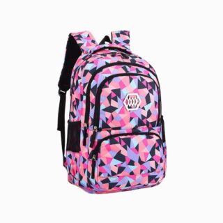 Cartable CM1 pour fille à imprimé géométrique rose et bleu sur fond blanc