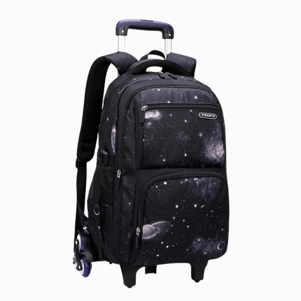 Cartable noir à roulettes pour garçon à motif galaxie sur fond blanc