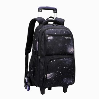 Cartable noir à roulettes pour garçon à motif galaxie sur fond blanc