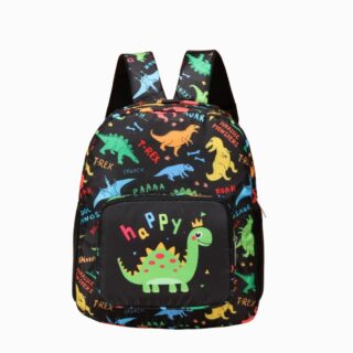 Cartable garçon pour la maternelle imprimé dinosaure de couleur noire avec de dinosaures de plusieurs couleurs. Sur uni gris très clair.