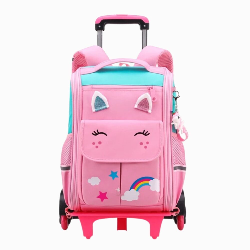 Cartable rose à licorne avec des roulettes pour fille sur fond blanc
