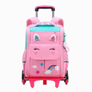 Cartable rose à licorne avec des roulettes pour fille sur fond blanc