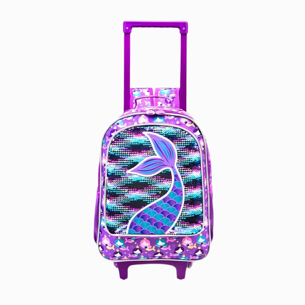 Cartable à roulettes pour fille avec imprimé sirène sur fond blanc