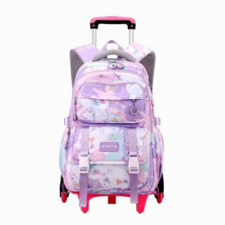 Cartable violet à motif tie and dye avec des roulettes pour fille sur fond blanc