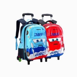 Cartable à roulettes pour garçon motif voiture de course sur fond blanc