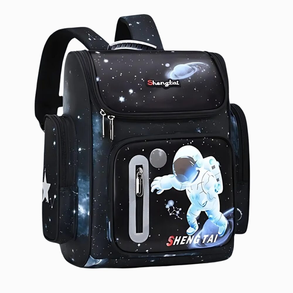 Cartable CP fonctionnel avec astronaute sur fond noir style galaxie. Des poches zippées sur les côtés, une petit poche verticale sur le devant et un grand espace qui s'ouvre style couvercle. Sur fond gris clair.