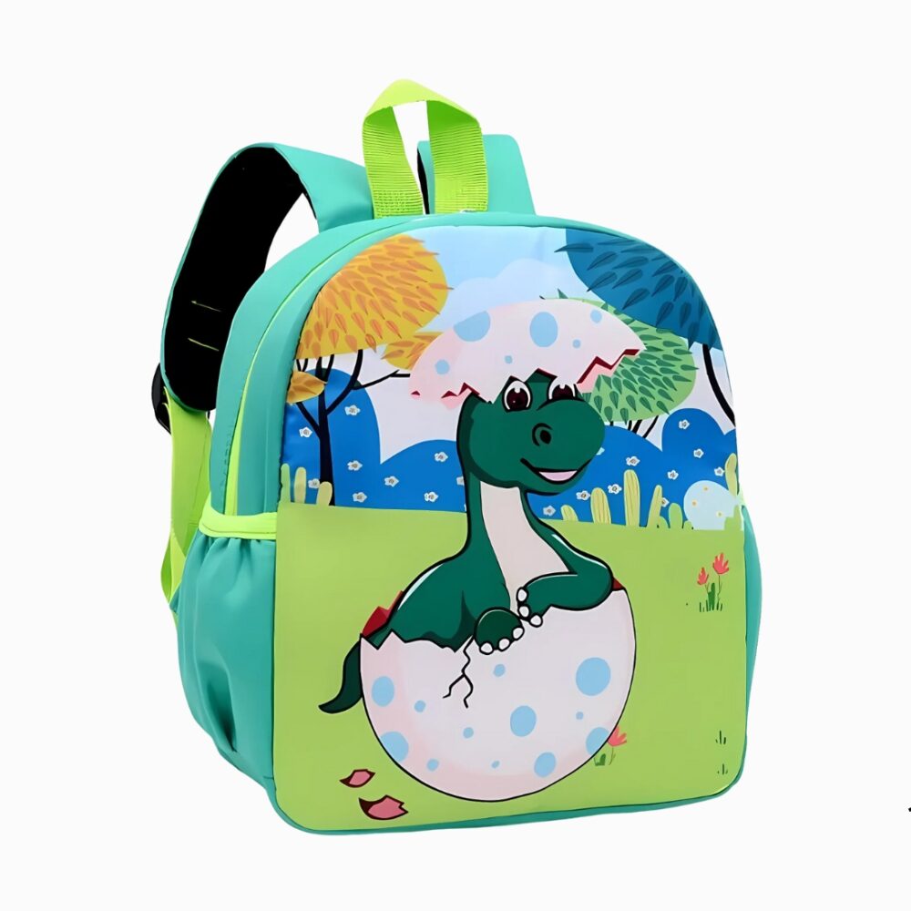 Cartable dinosaure petit format de couleur verte avec un imprimé de dinosaure dans une coquille d'œuf. Sur fond gris clair.