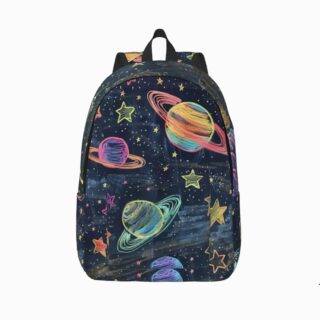 Cartable espace effet planètes dessinées en couleur avec un fond bleu/gris foncé tel l'espace. Sur fond gris clair.