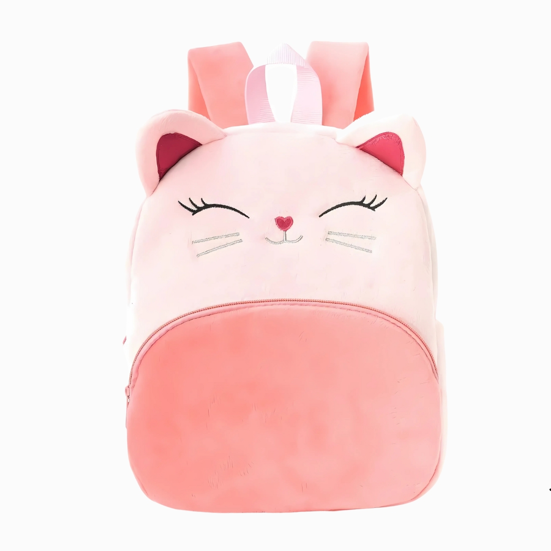 Cartable kawaii chat rose pour la maternelle avec un joli sourire de chat sur le devant. Les oreilles roses dépassent du haut du sac. Sur fond gris clair.