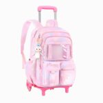 Cartable rose multipoches avec des roulettes pour fille sur fond blanc