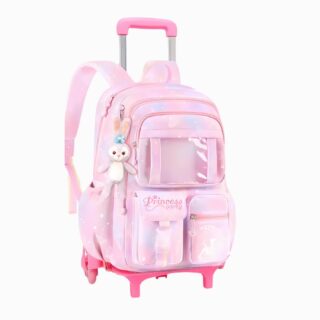 Cartable rose multipoches avec des roulettes pour fille sur fond blanc