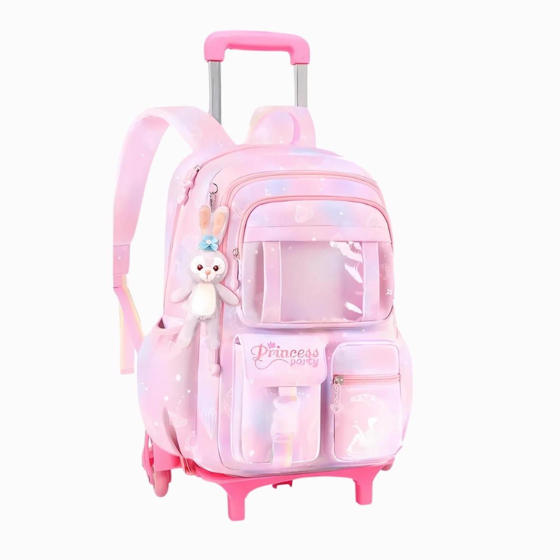 Cartable rose multipoches avec des roulettes pour fille sur fond blanc