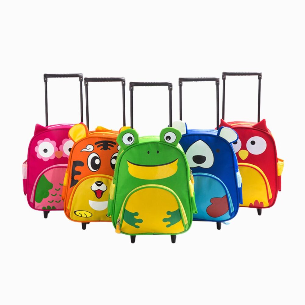 Cartable à roulettes animal pour enfant maternelle sur fond blanc