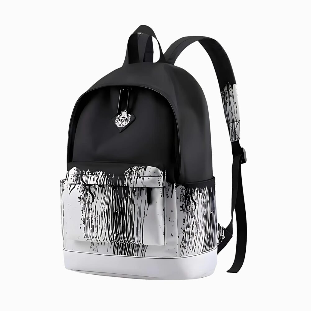 Cartable ado bicolore noir et blanc style sac à dos avec une poche sur l'avant. Sur fond gris clair.