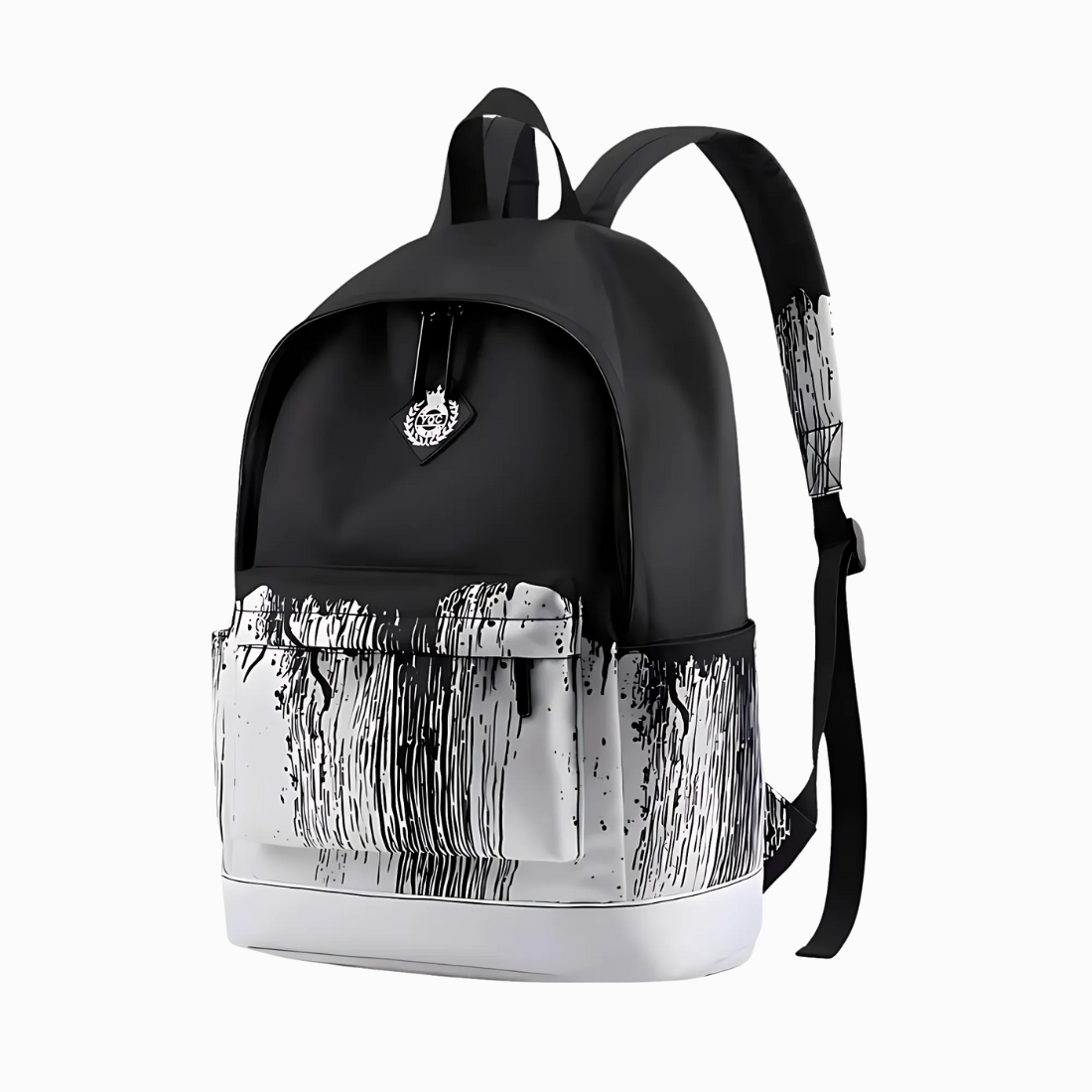 Cartable ado bicolore noir et blanc style sac à dos avec une poche sur l'avant. Sur fond gris clair.