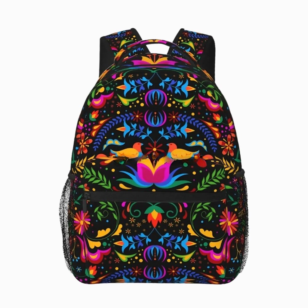 Cartable collège au motif de fleurs mexicaines colorées sur fond noir. Sur fond gris clair.