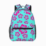 Cartable pour 6ème avec fleurs exotiques roses de type hibiscus sur fond turquoise. Sur fond gris clair.