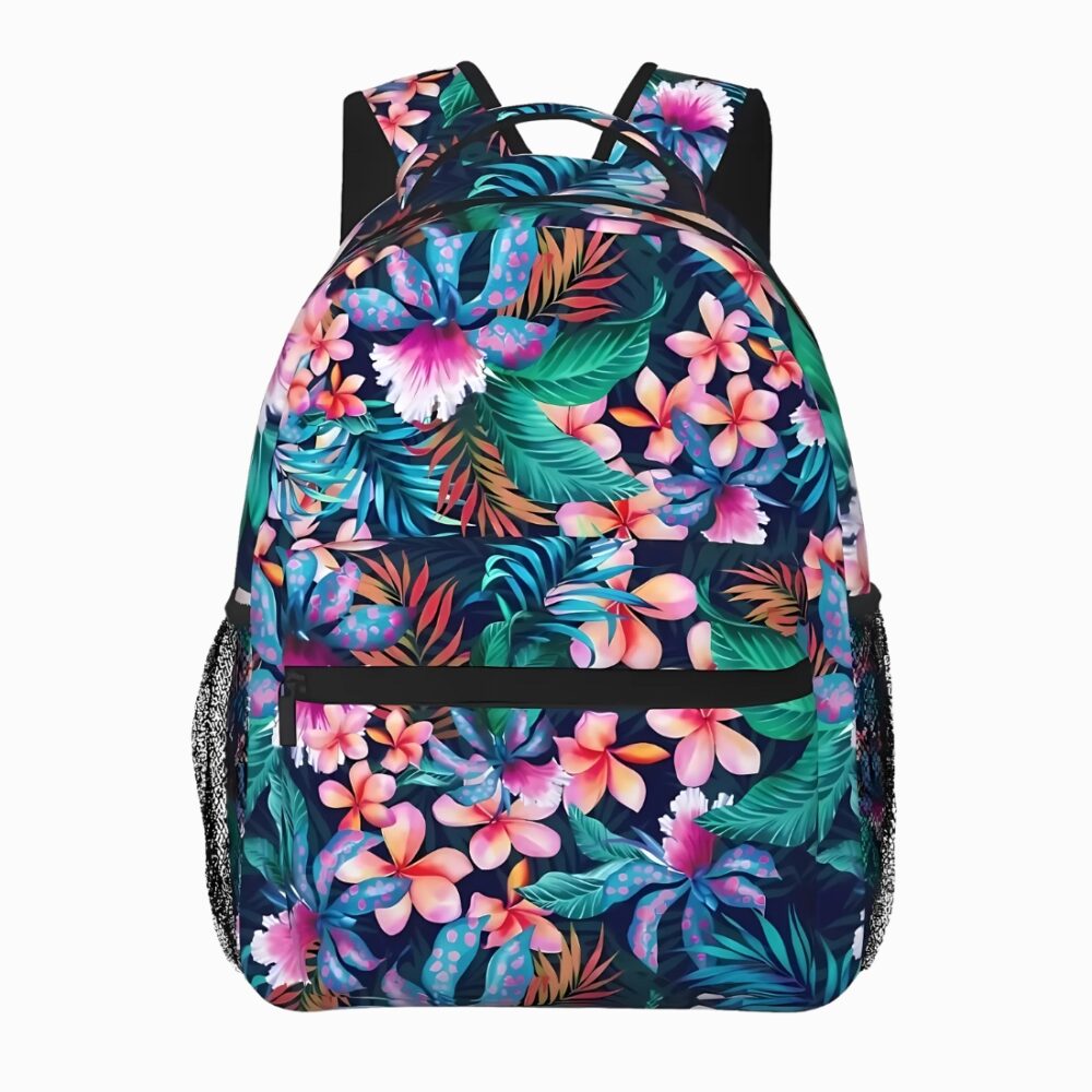 Cartable pour 6ème style hawaïen avec fleurs de frangipanier rose orange et feuillage. Une poche à l'avant et des filets sur les côtés. Sur fond gris clair.