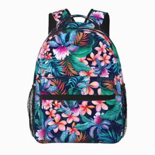 Cartable pour 6ème style hawaïen avec fleurs de frangipanier rose orange et feuillage. Une poche à l'avant et des filets sur les côtés. Sur fond gris clair.