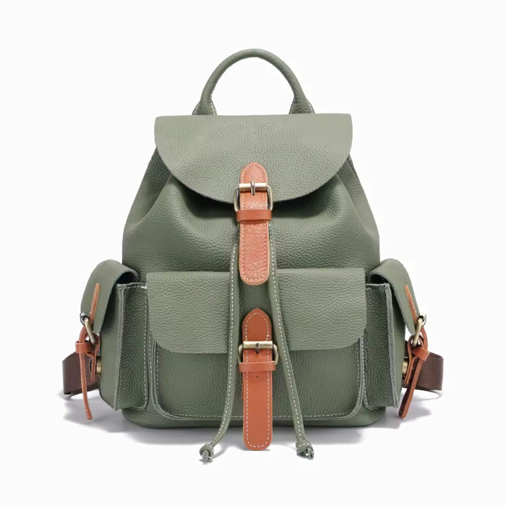 cartable sac a dos en cuir graine vert a multipoche