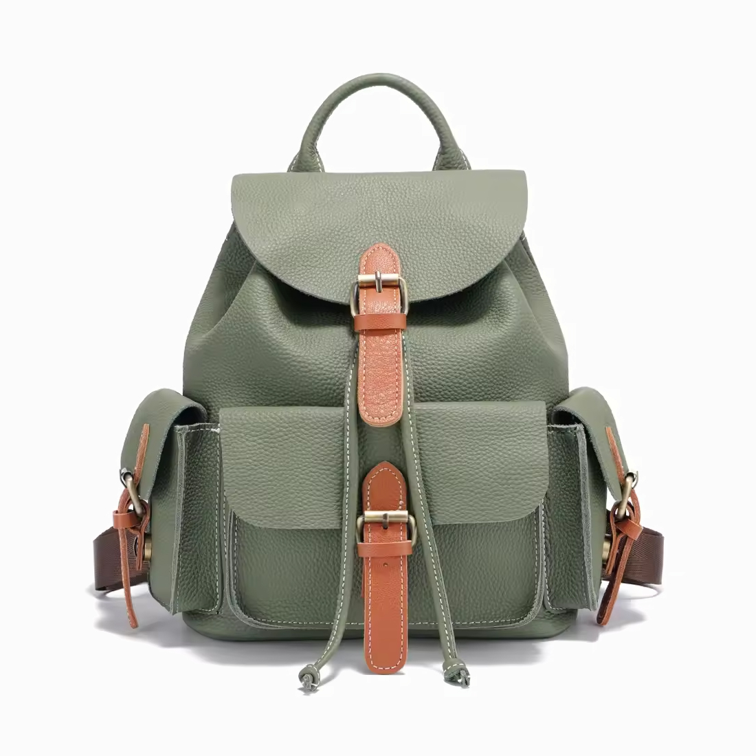 cartable sac a dos en cuir graine vert a multipoche