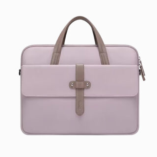 cartable pour ordinateur en tissu rose avec des details en simili cuir marron