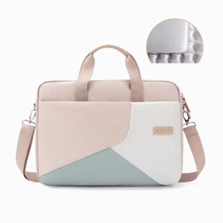 cartable ordinateur en couleurs pastels, avec un zoom du detail rembourre de l'interieur