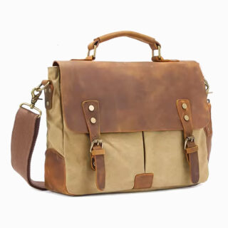 cartable style prof en toile et cuir beige et marron