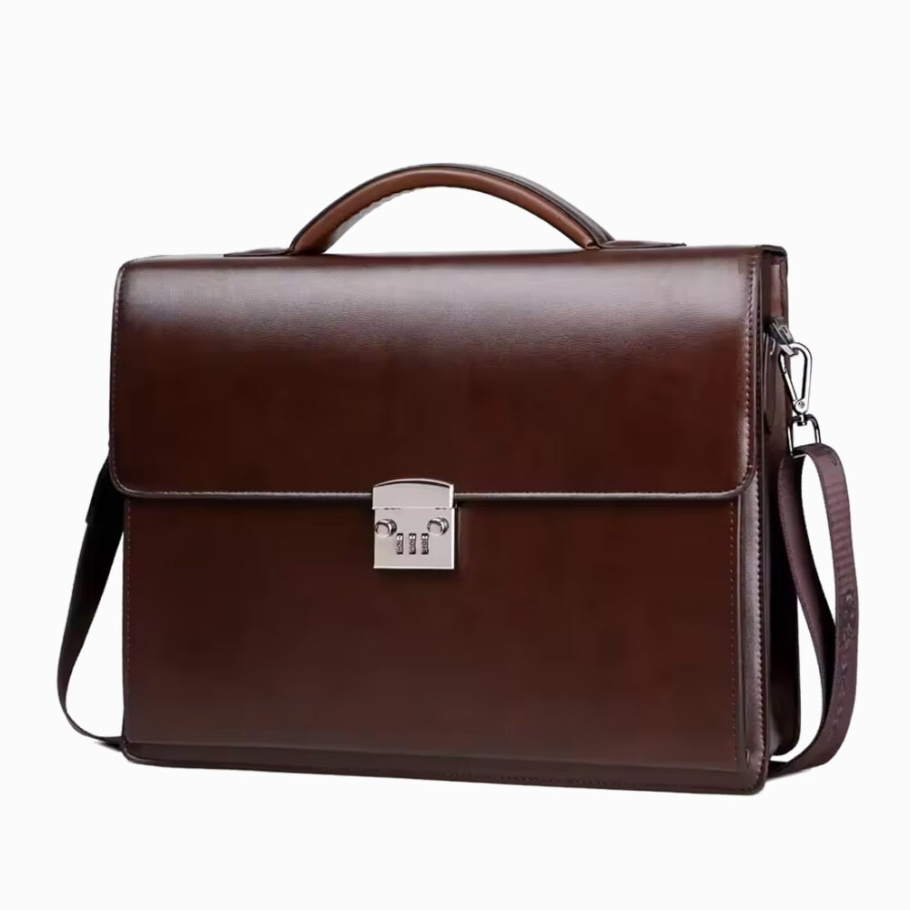 Cartable sacoche en cuir synthétique lisse marron