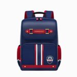 Cartable CM1 style campus américain rouge et bleu marine sur fond blanc